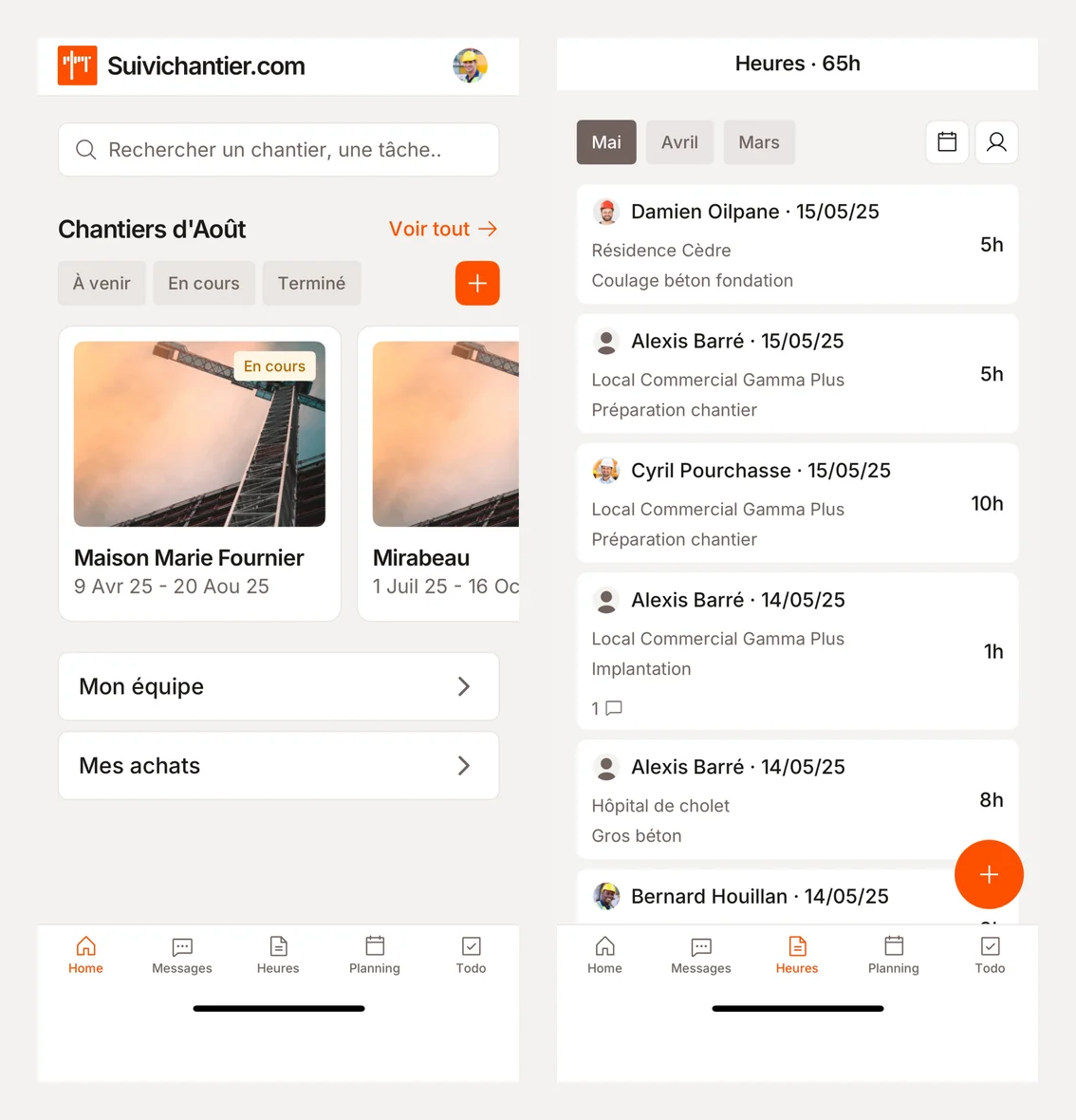 Application mobile Suivichantier.com : chantiers du jour et feuilles d'heures