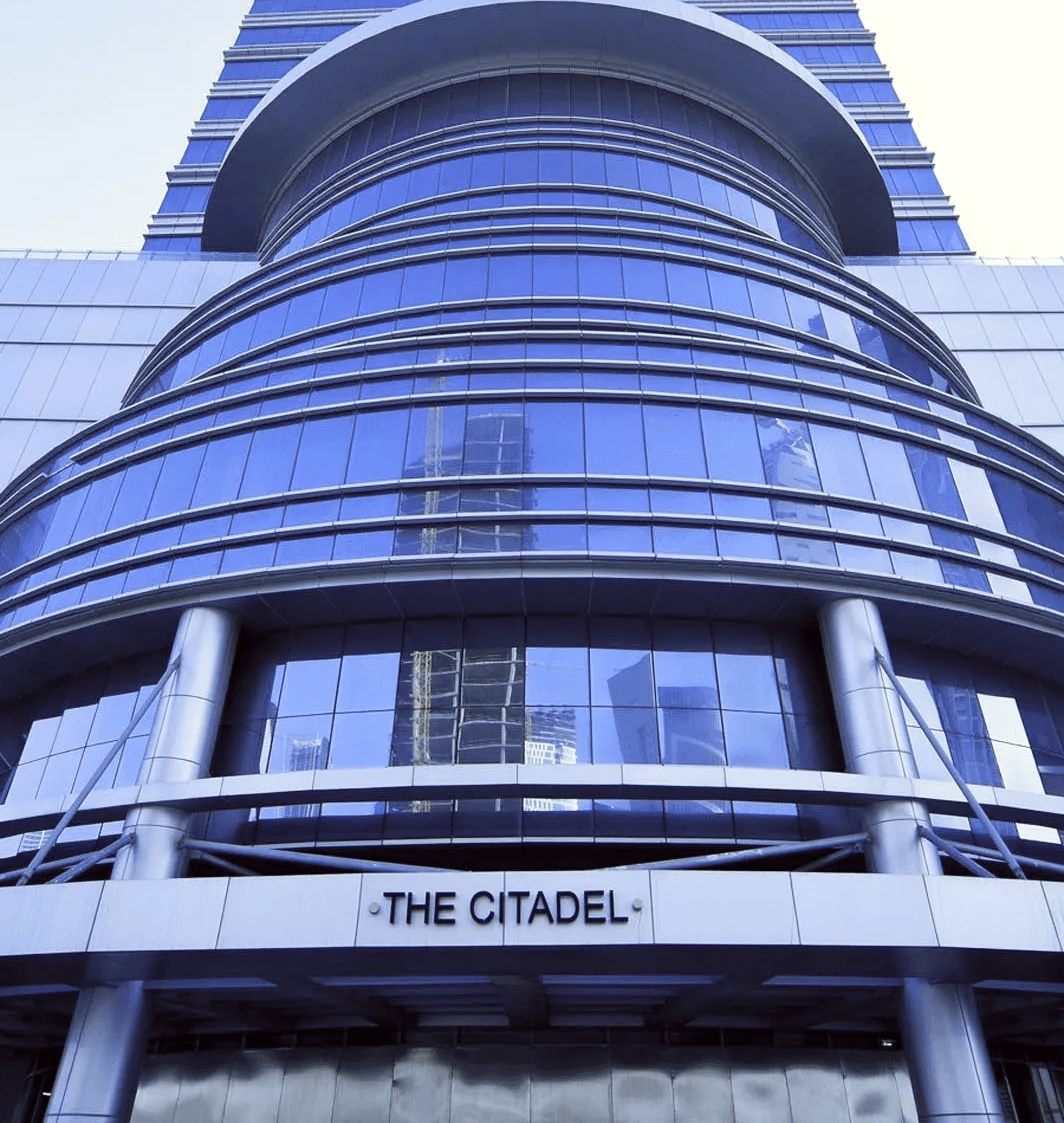 Low angle view of The Citadel Tower, a premier office building for corporate investors.