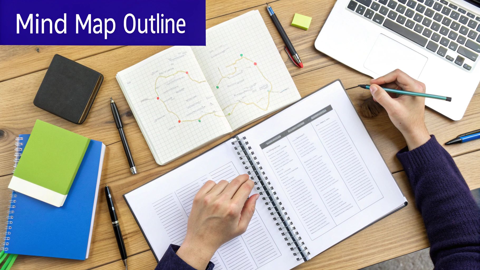 A person mind-mapping essay ideas on a large white sheet of paper.