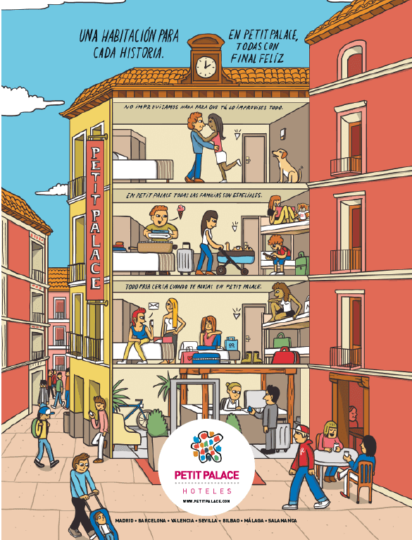 Ilustración de edificio de hotel Petit Palace con escenas cotidianas y lemas sobre comodidad y experiencias.