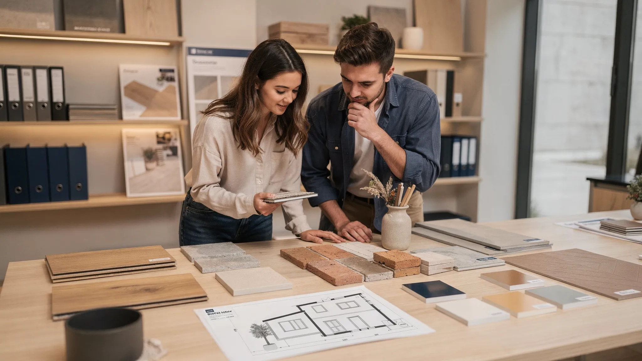 Een koppel bekijkt stalen van vloer, gevelmateriaal en keukenkleur naast een eenvoudig grondplan op tafel, in een rustige showroomsetting met warm licht.