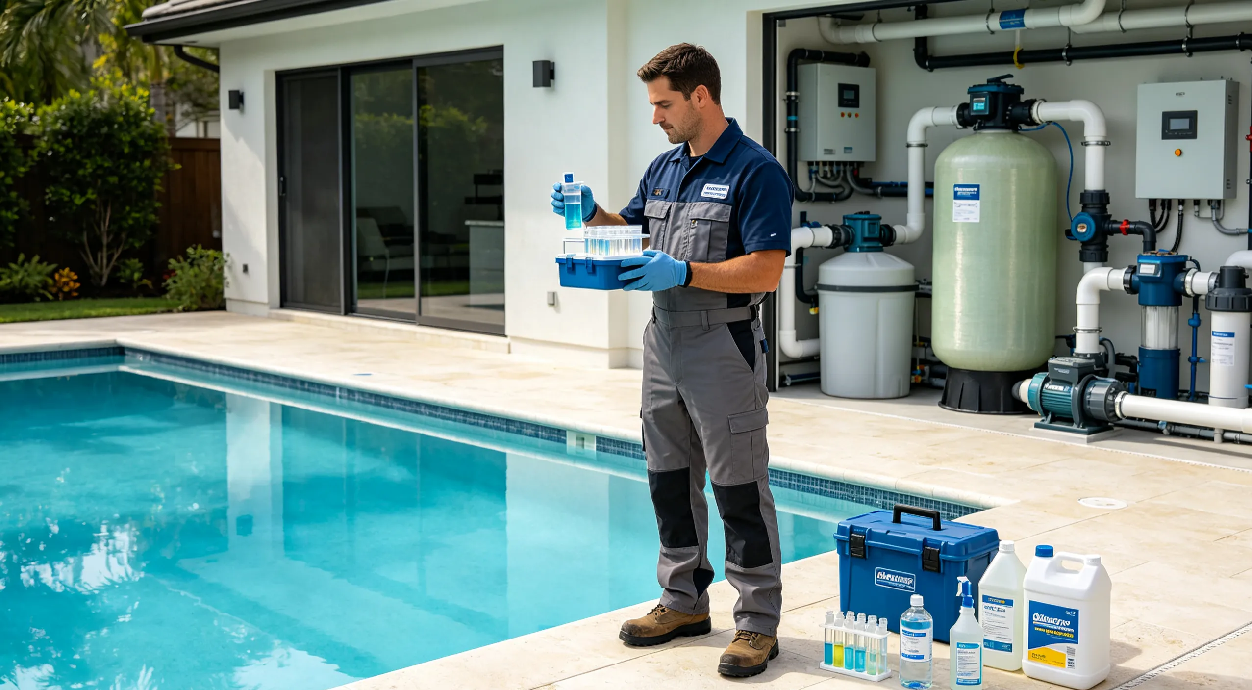 Professional pool technician checking water quality and pool equipment