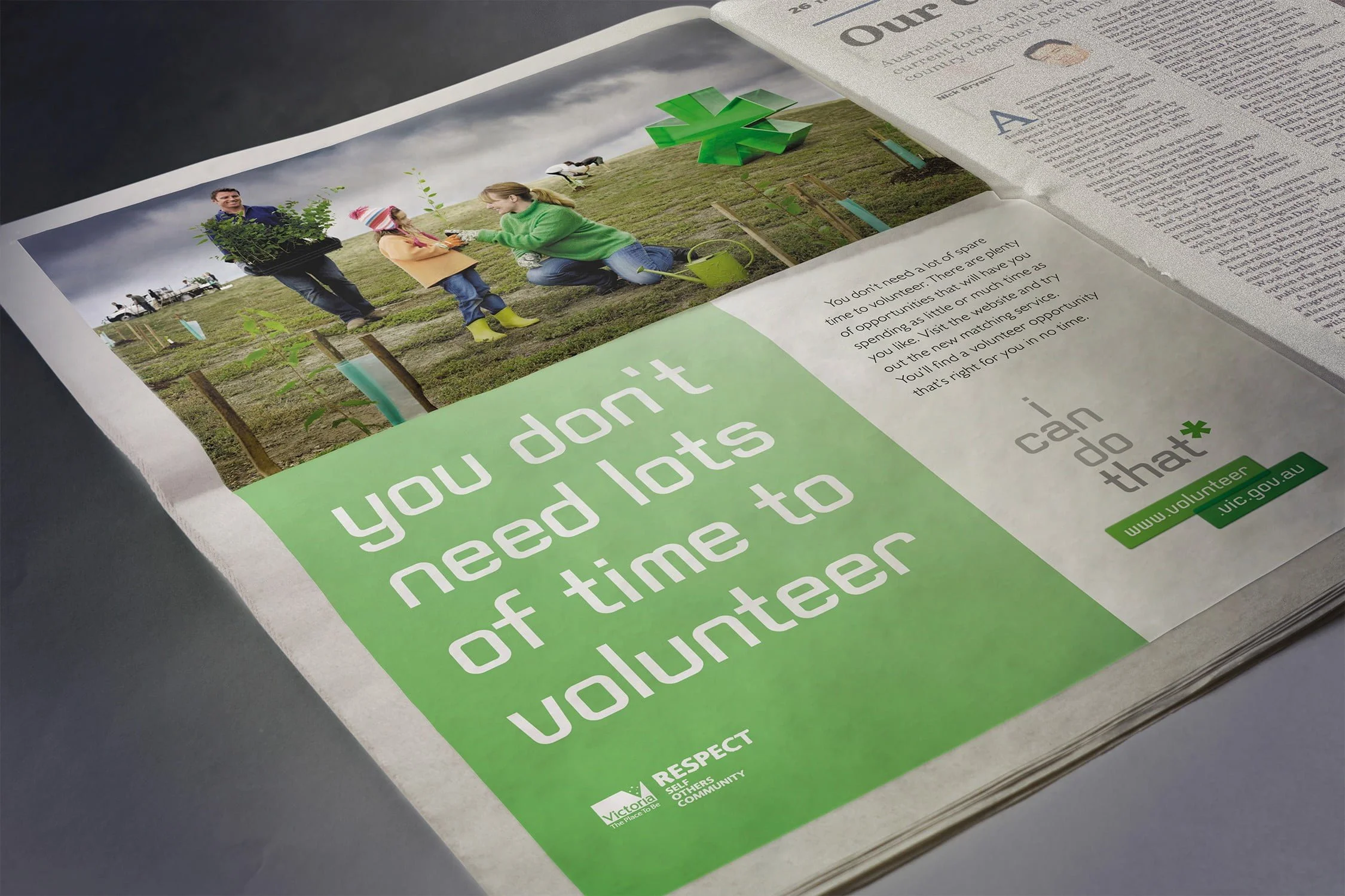 Newspaper ad 'you don't need lots of time to volunteer' showing a family planting trees in a paddock with a green asterisk