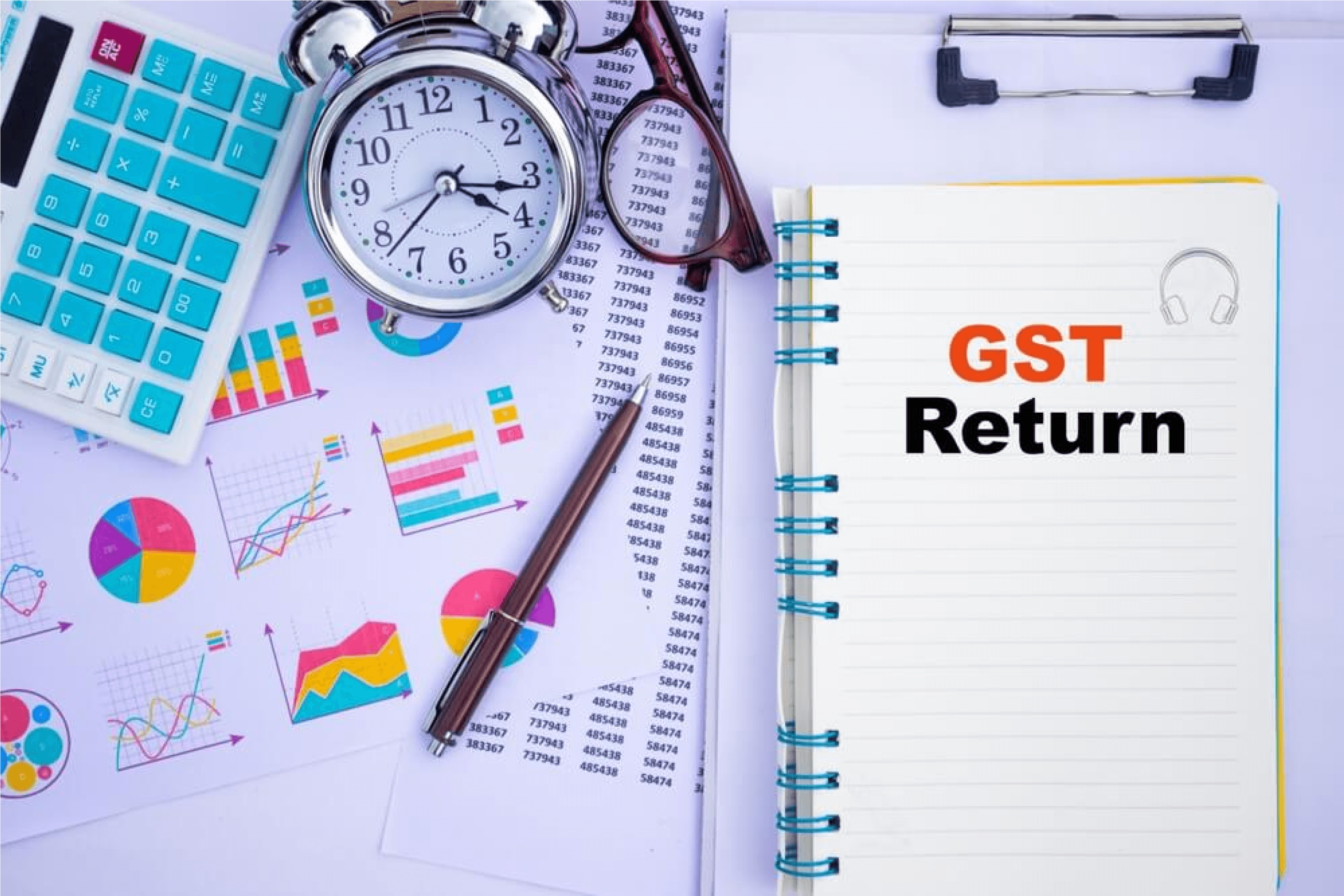 GST return filing setup with charts, calculator, and deadline reminder