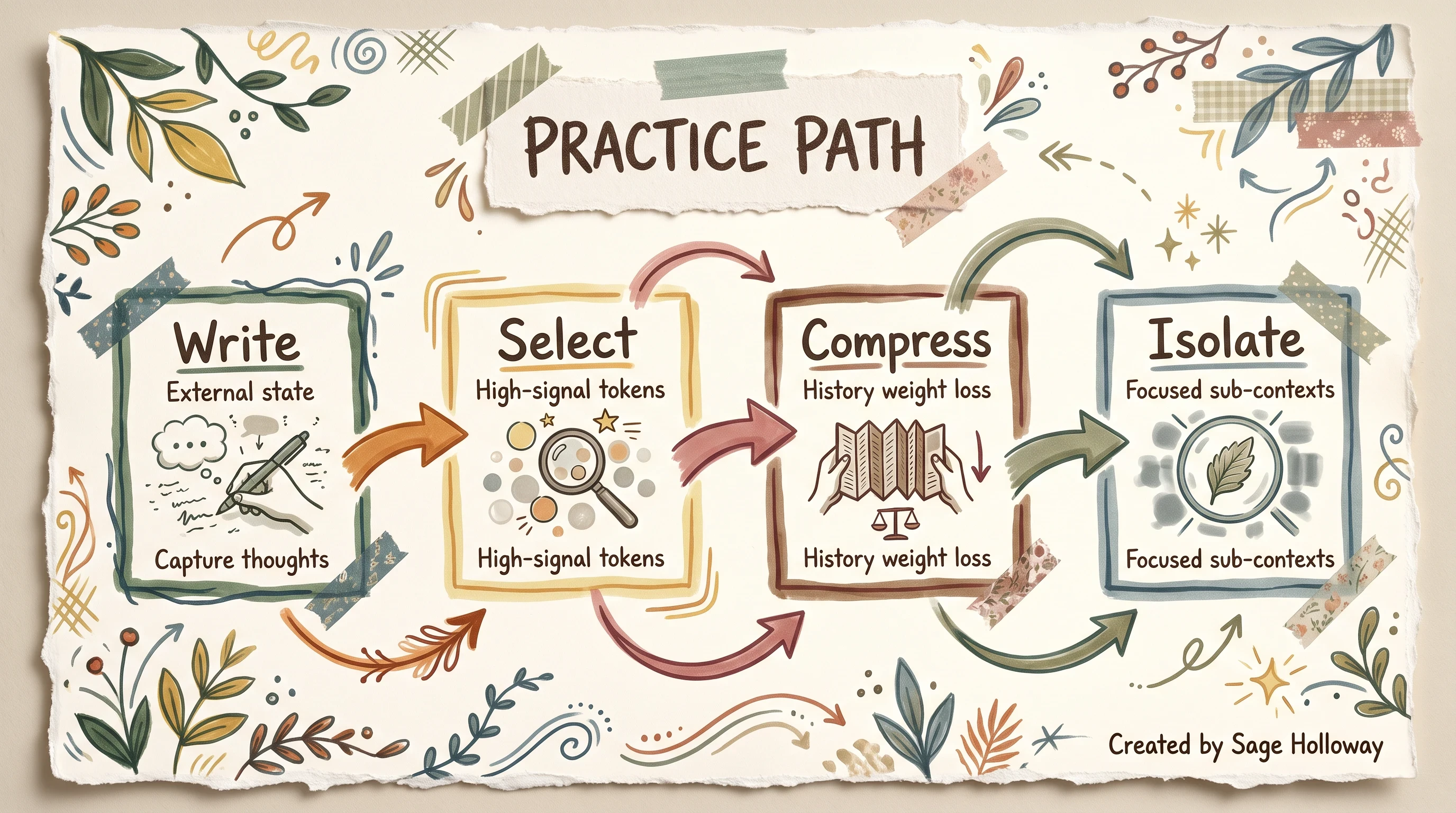 Scrapbook flowchart of Write Select Compress Isolate context engineering steps
