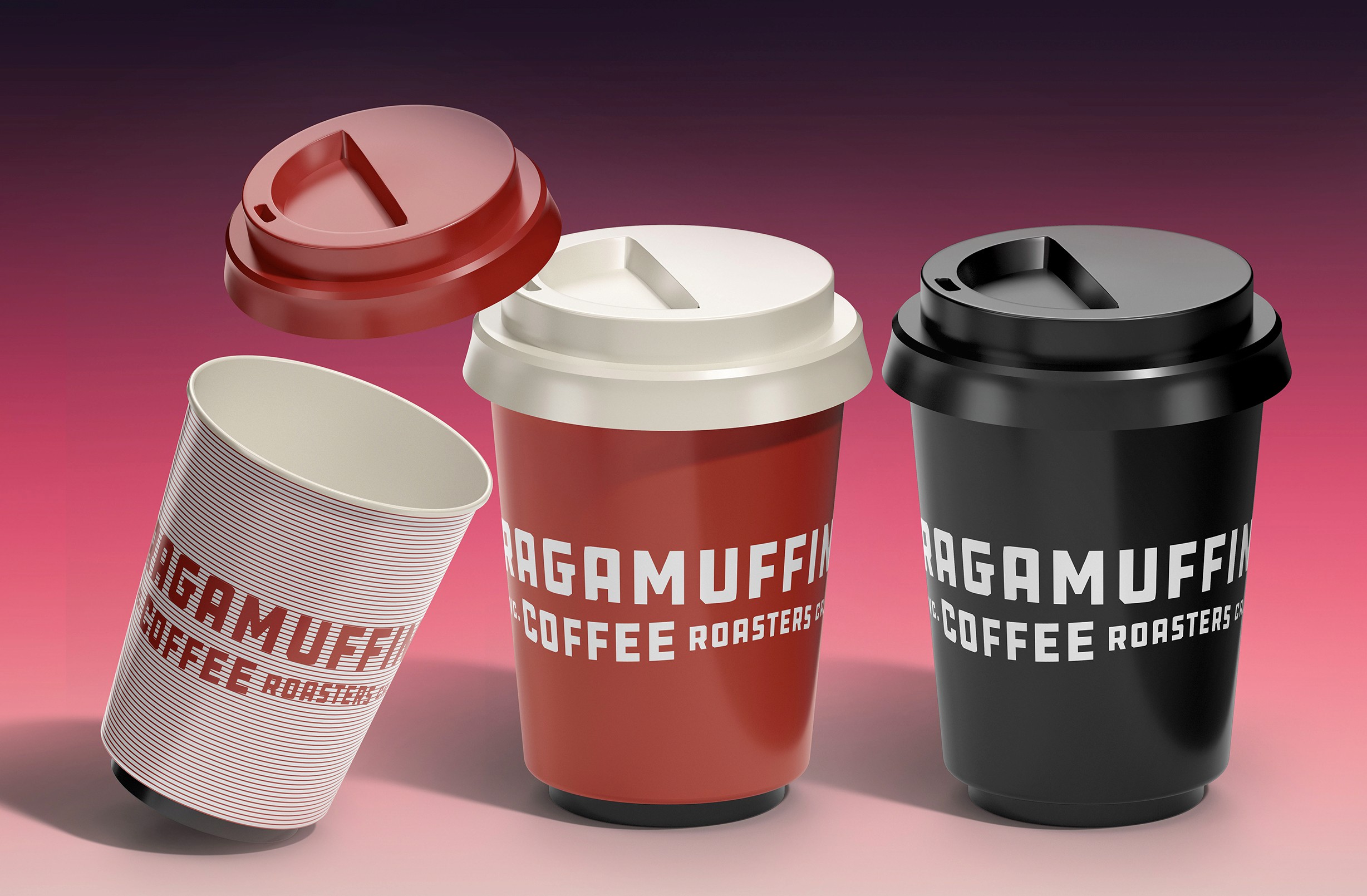 Ragamuffin branded coffee cups in red, white, and black