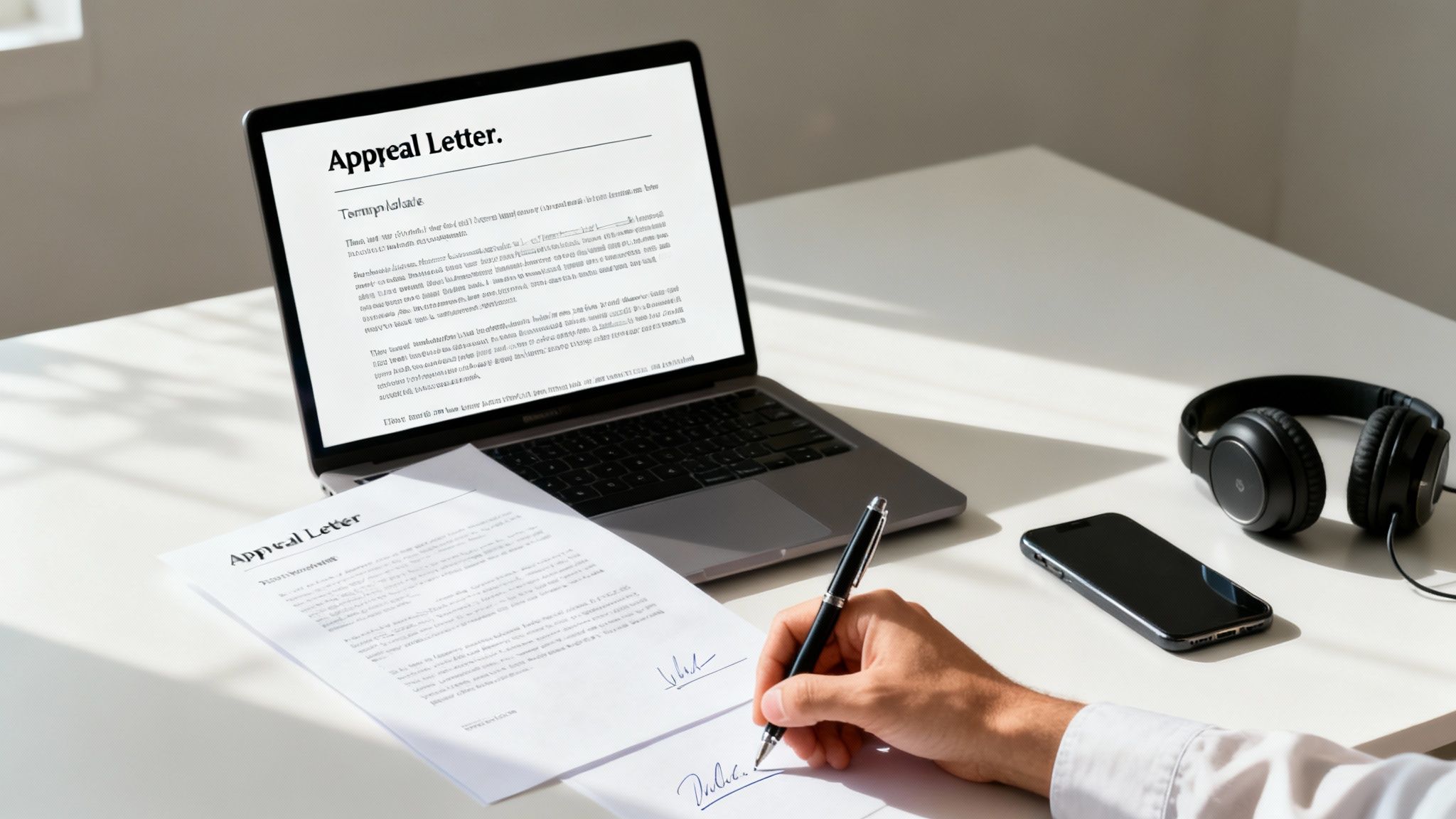 A person signs an appeal letter on a desk with a laptop displaying the same document, smartphone, and headphones.