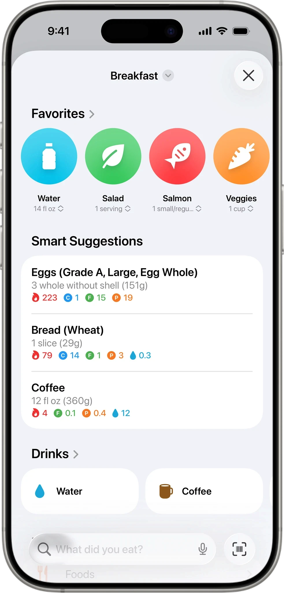 Breakfast logging screen with favorite foods including water, salad, salmon and veggies, plus smart food suggestions for eggs, wheat bread and coffee with nutritional details