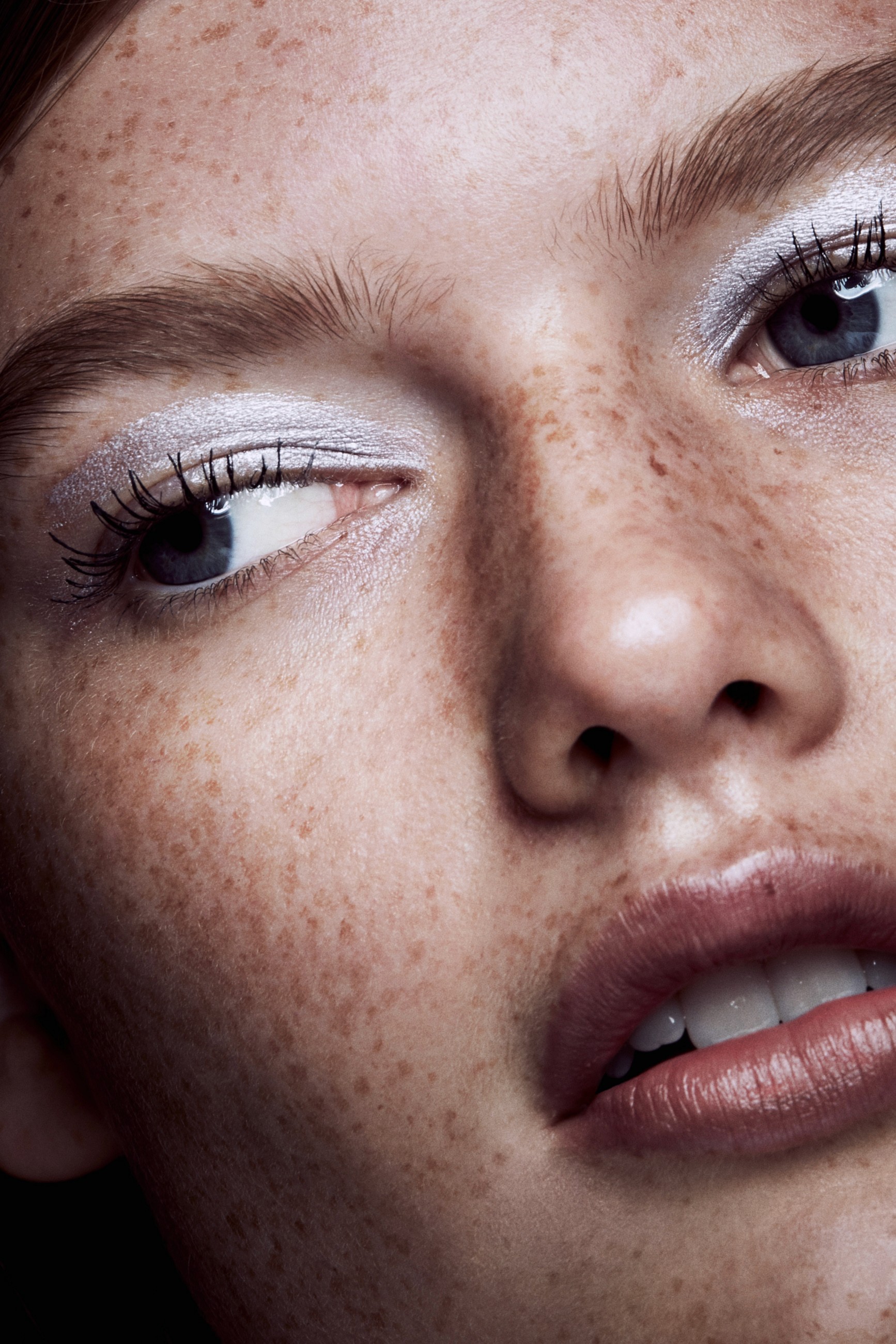 A beauty photo showing detail of a model's freckled face with eyes looking to the side and wearing silver eye shadow.