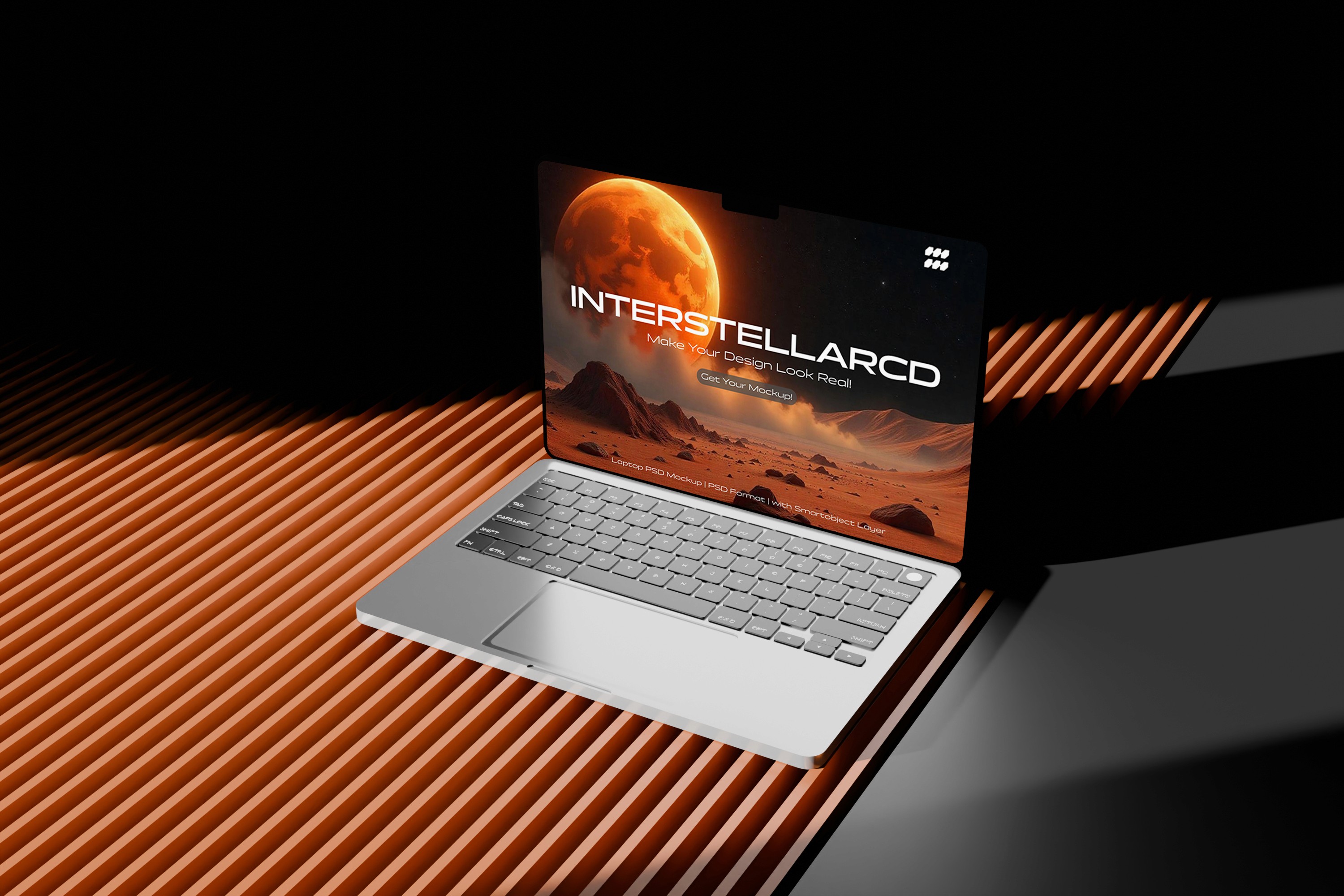 Open laptop on an orange slatted surface displaying a sci‑fi “INTERSTELLARCD” landing page.