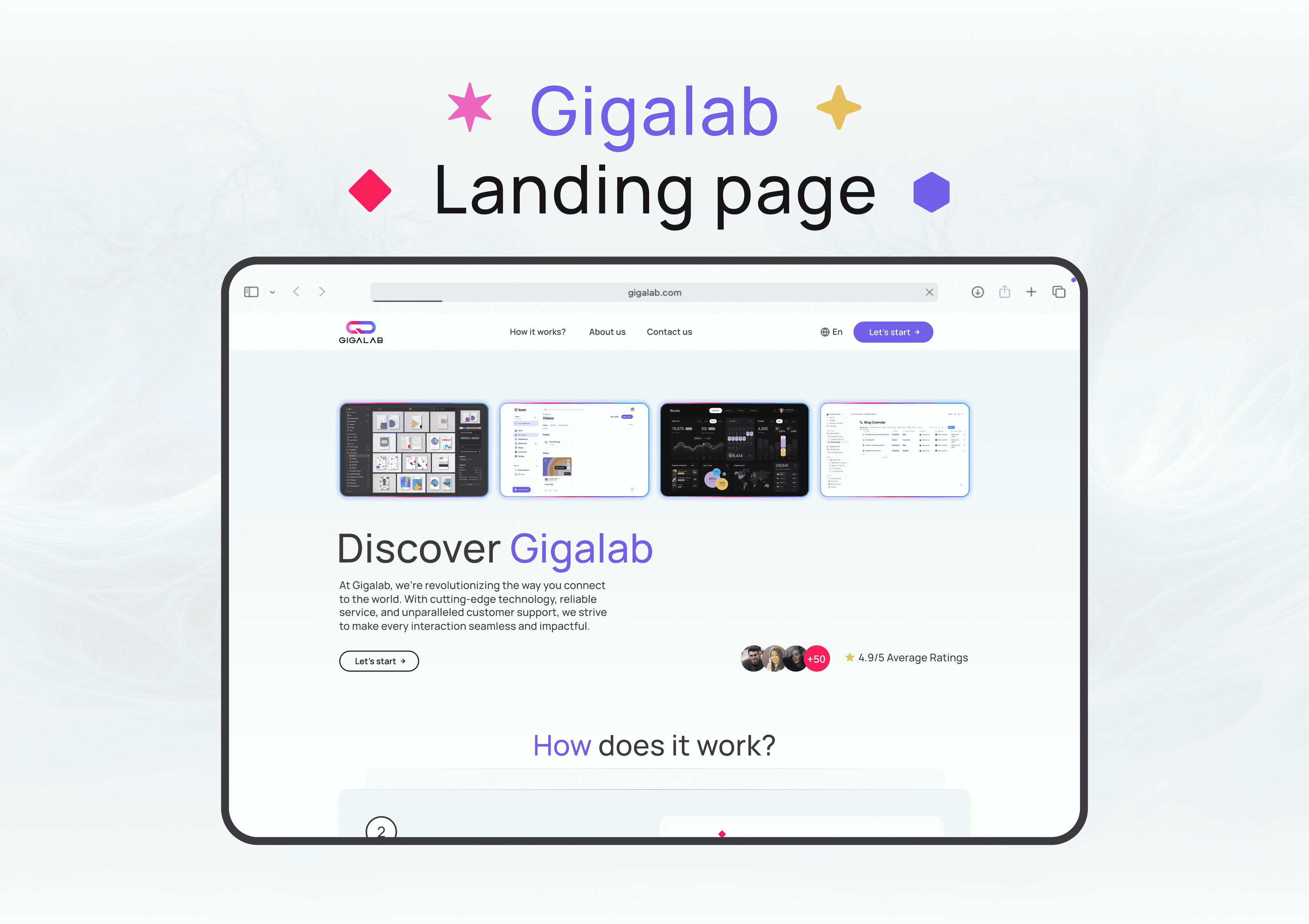 Landing page of Gigalab — desktop interface with headline “Discover Gigalab” and product preview screens.
