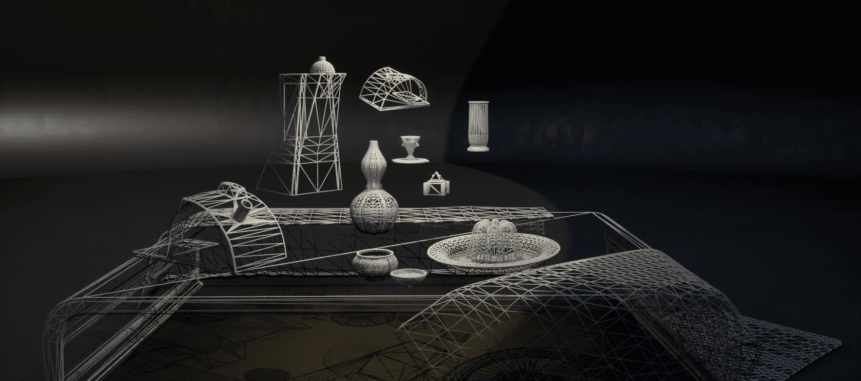 Unreal Engine wireframe view of the Ablution scene, showing the table, draped cloth and surrounding props assembled in the final composition.