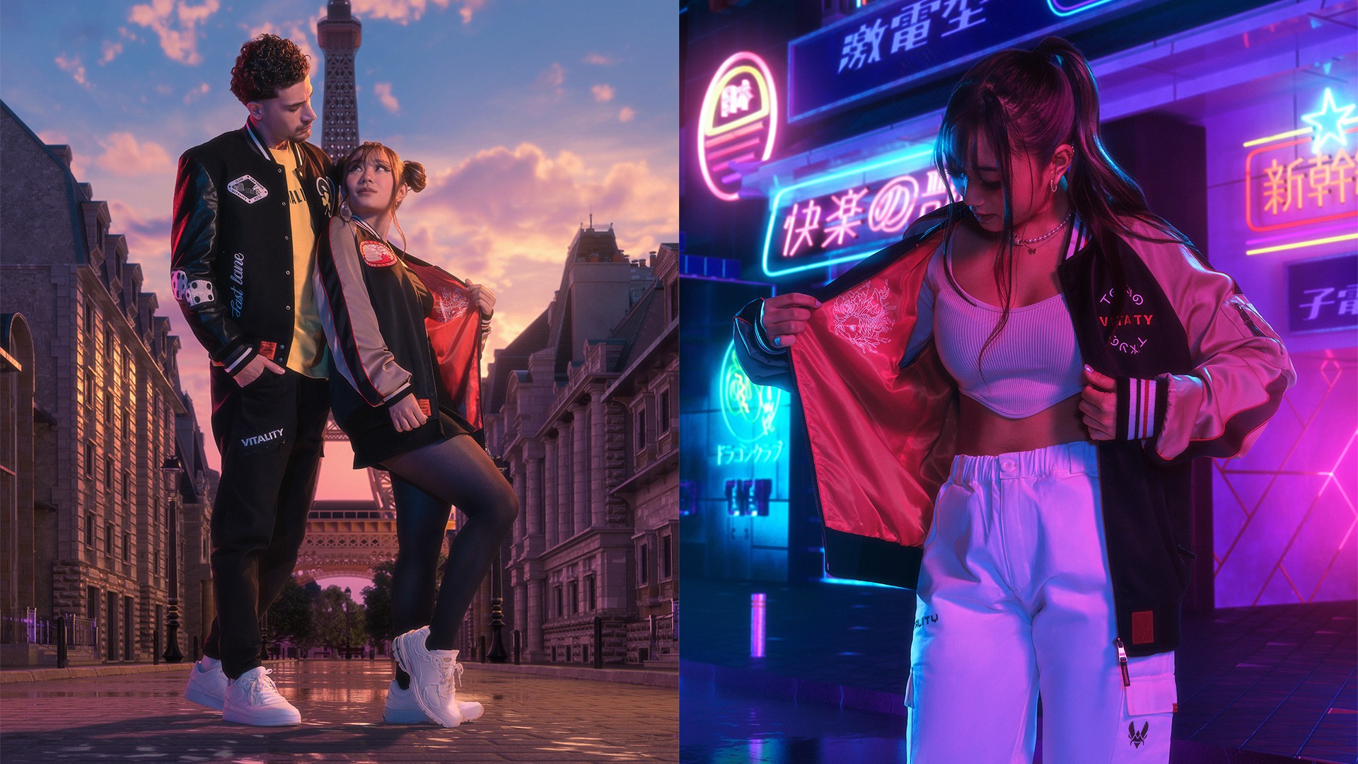 Left photo: A man and a woman in a Paris street setting with the Eiffel Tower in the background / Right photo: A woman in an Asian city street setting, showing the inside of her jacket
