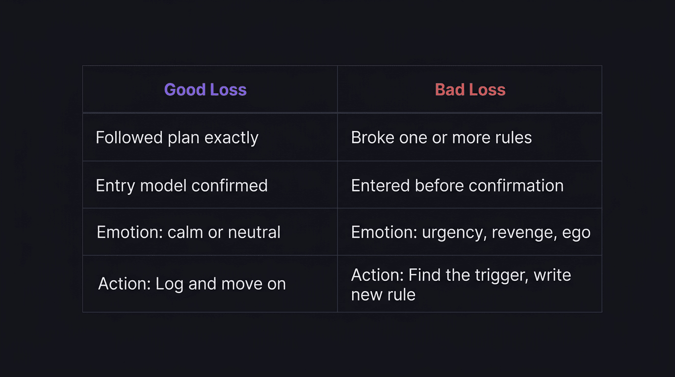 Comparison table showing good loss vs bad loss characteristics with review actions