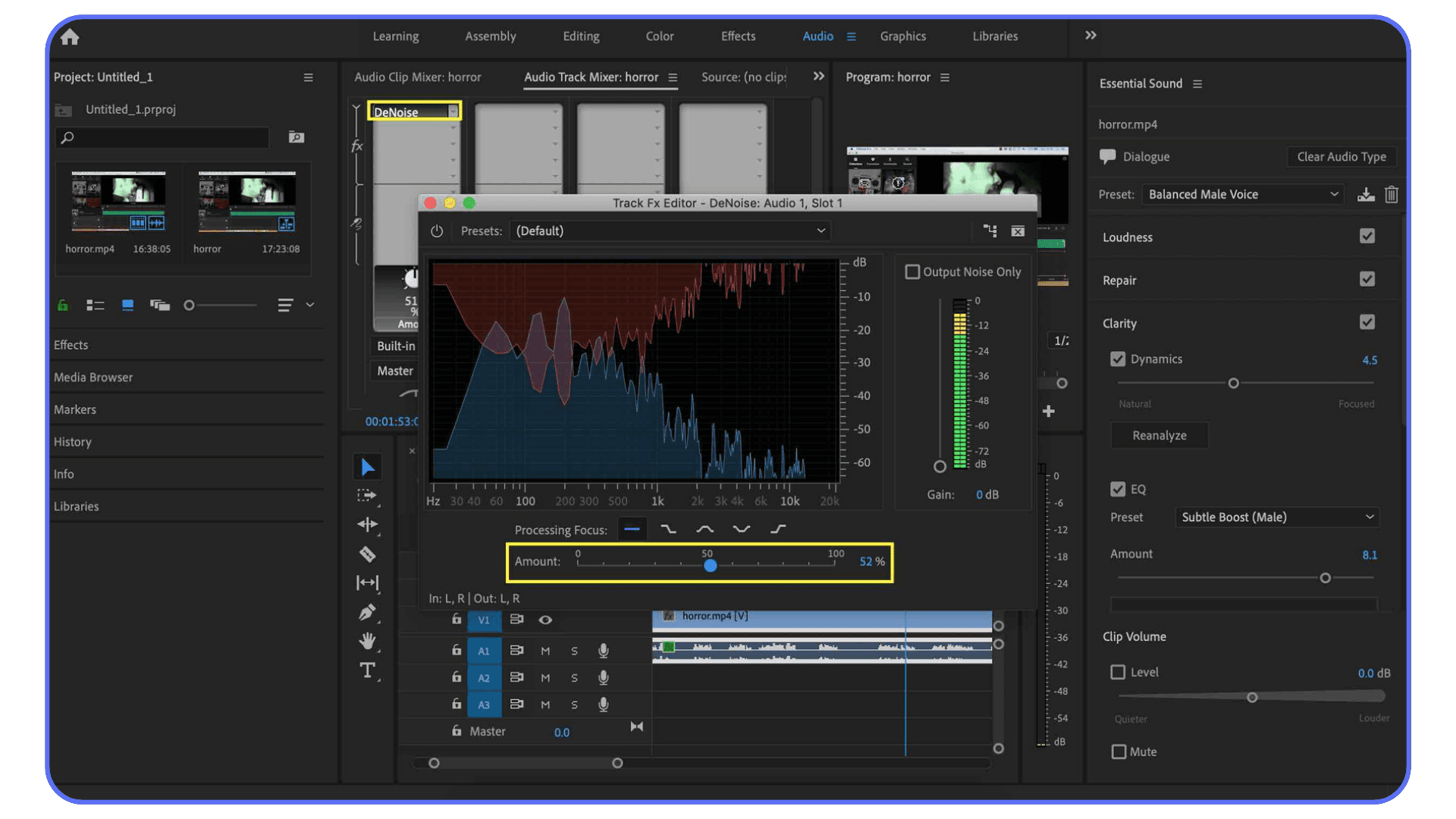 DeNoise audio effect in Premiere Pro reducing background noise while preserving dialogue clarity
