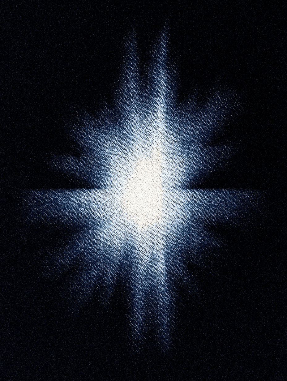 Abstract glowing star-like light burst in blue and white tones on a dark textured background