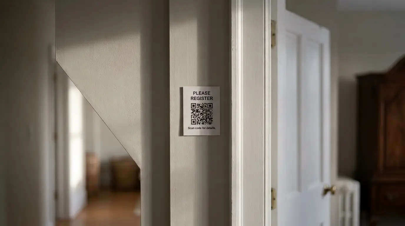 Una pequeña tarjeta con un código QR, pegada a la pared junto a la puerta de una propiedad de alquiler, con las esquinas levantadas y un borde desgastado por el sol.