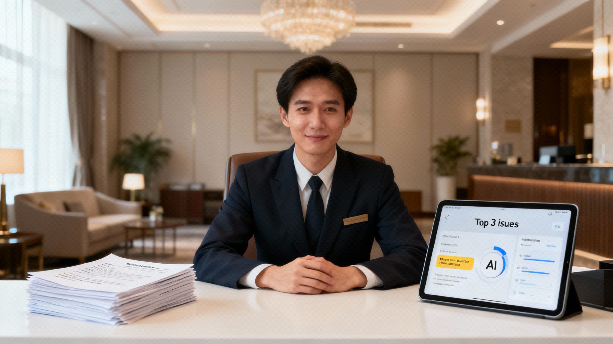 Professional hotel manager presenting AI-powered survey analysis dashboard with documents on modern desk