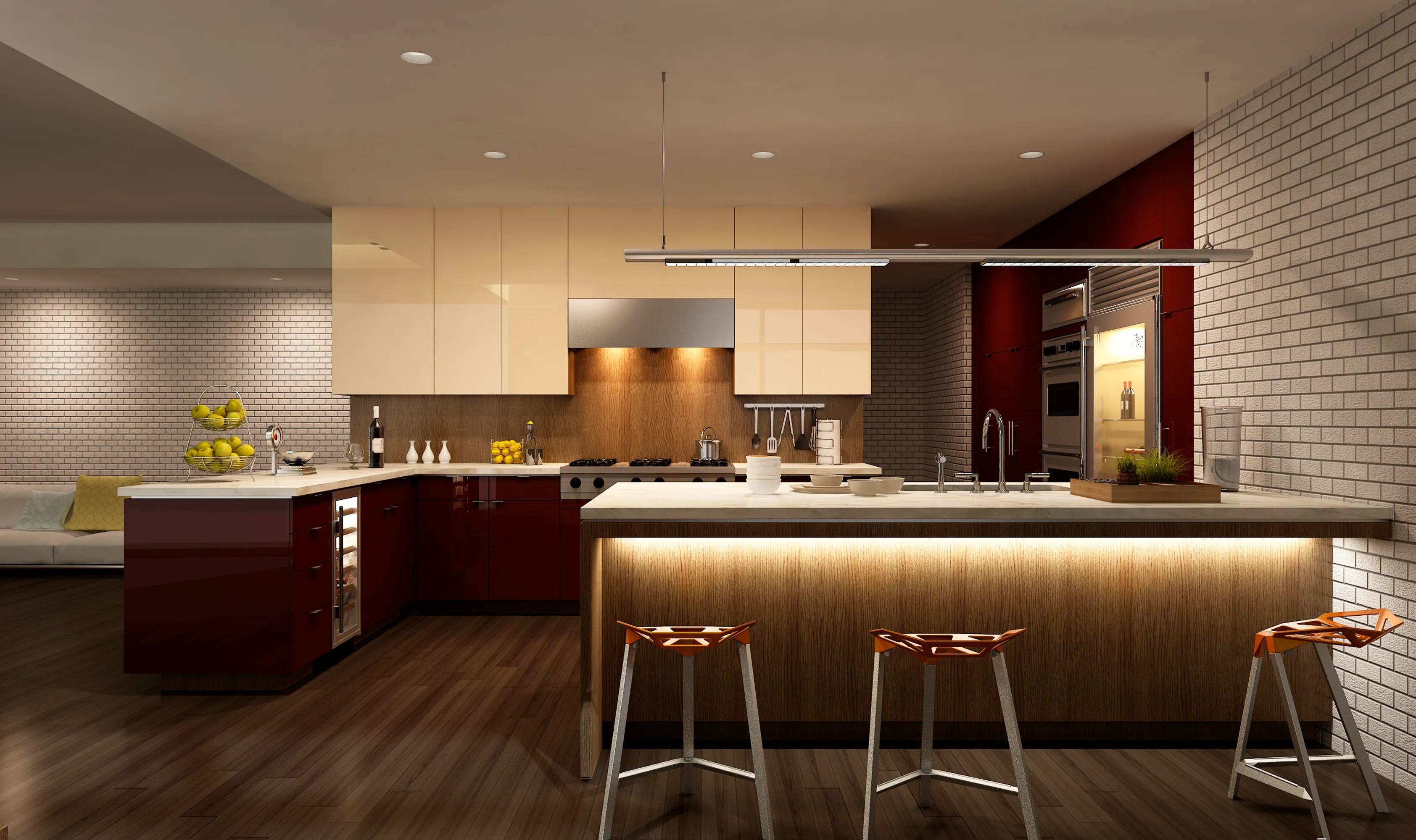 Sleek modern kitchen with dark cabinetry, integrated lighting, and a minimalist design.