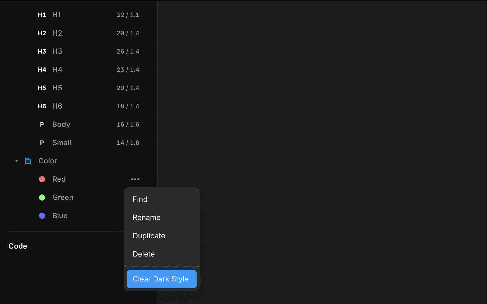 该图像显示了一个具有清晰深色样式的数字界面，在设计工具中显示文本格式化选项的上下文菜单，突出显示红色、绿色和蓝色等颜色选择，以及查找、重命名和复制等编辑功能。