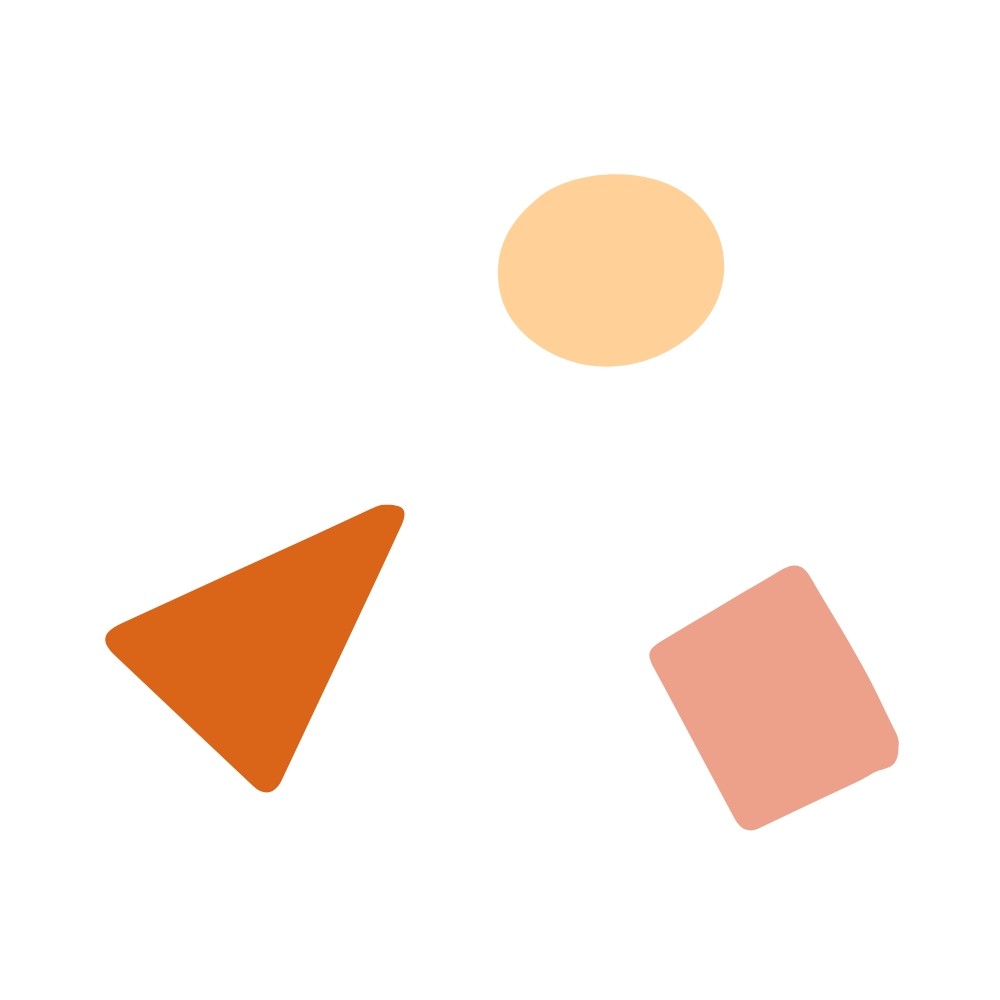 Abstrakte Formen: gelber kreis, orangenes Dreieck und rosa Rechteck stehen sich gegenüber.