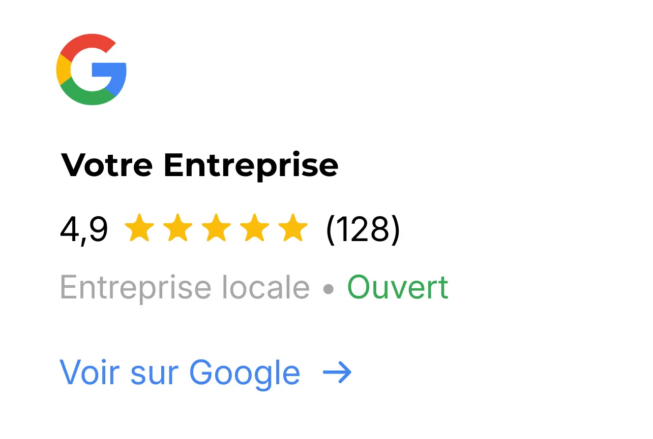 Fiche Google Business Profile optimisée d’une entreprise locale avec avis, horaires et localisation.