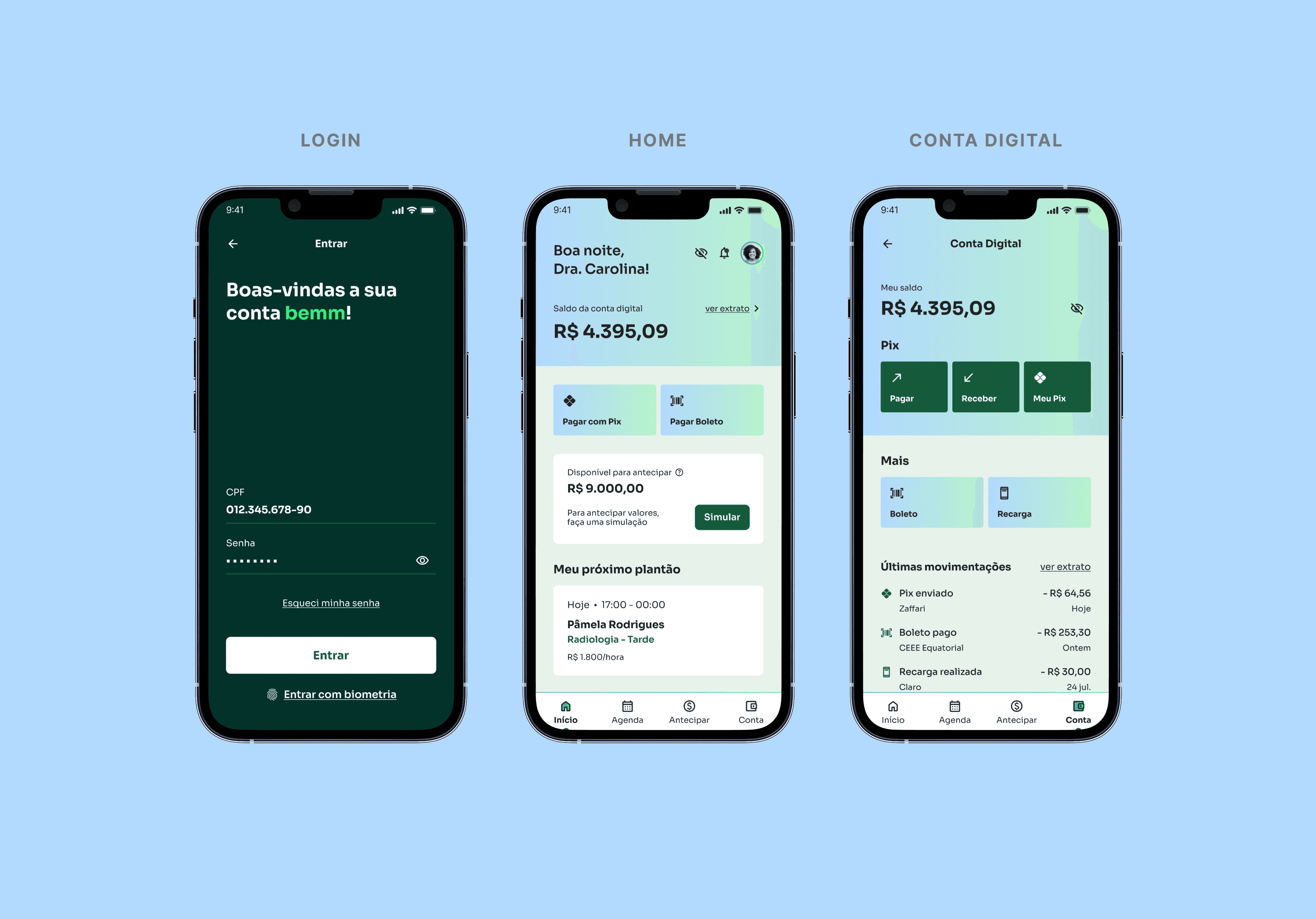 3 telas principais do aplicativo: login, home e conta digital