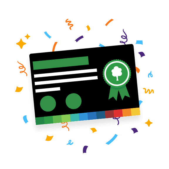 Illustratie van een duurzaam beleggingscertificaat met een groen embleem en bunq regenboogelementen, omringd door feestelijke confetti.