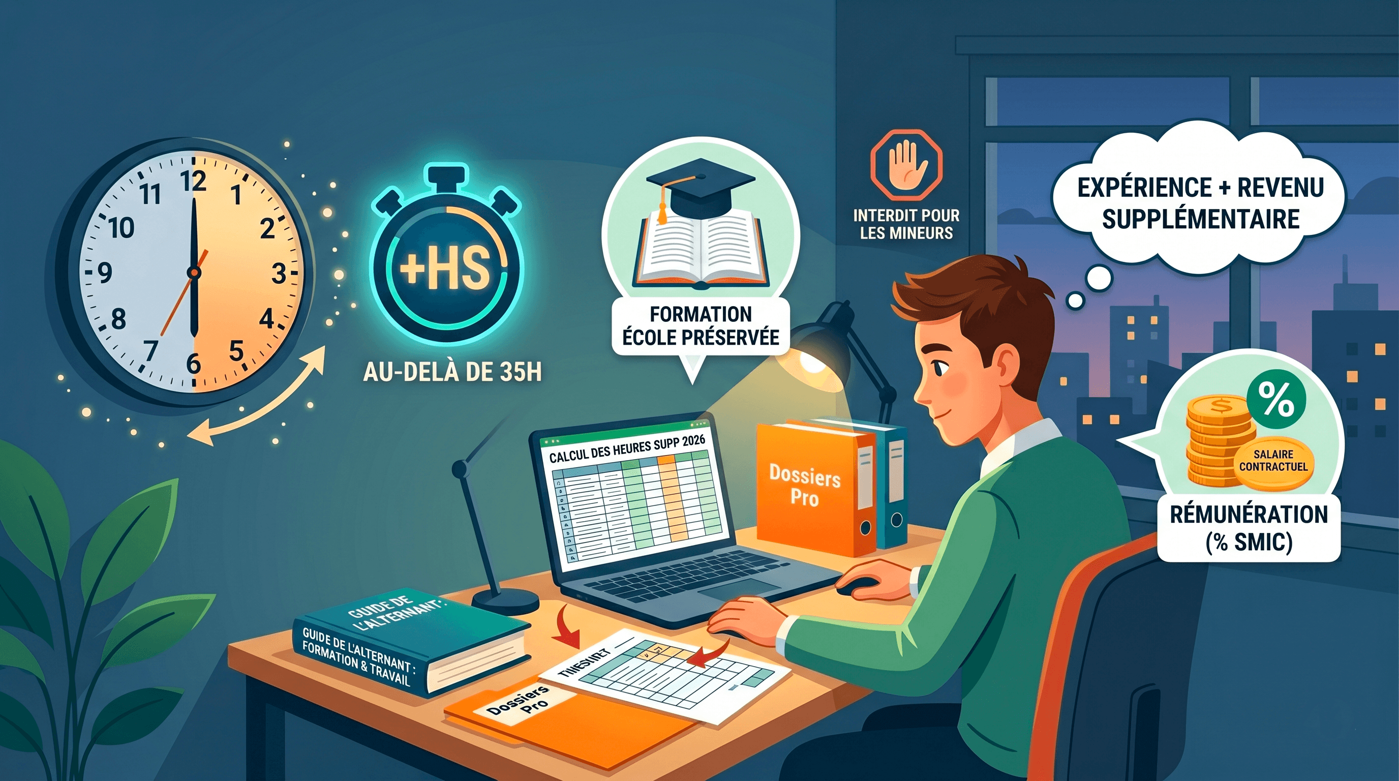 Illustration d'un alternant en bureau travaillant sur des heures supplémentaires, avec des icônes explicatives sur le décompte au-delà de 35h, la préservation du temps de formation et le calcul de la rémunération basée sur le pourcentage du SMIC."