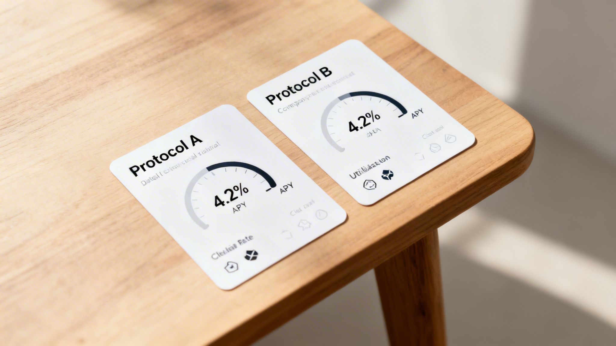 Two white cards, 'Protocol A' and 'Protocol B', displaying 4.2% APY on a wooden table.