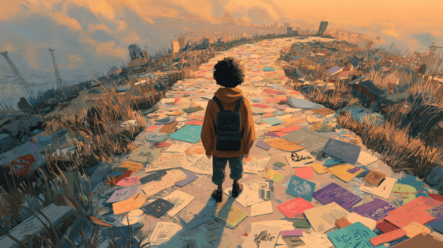 Child who stands on a road covered with papers