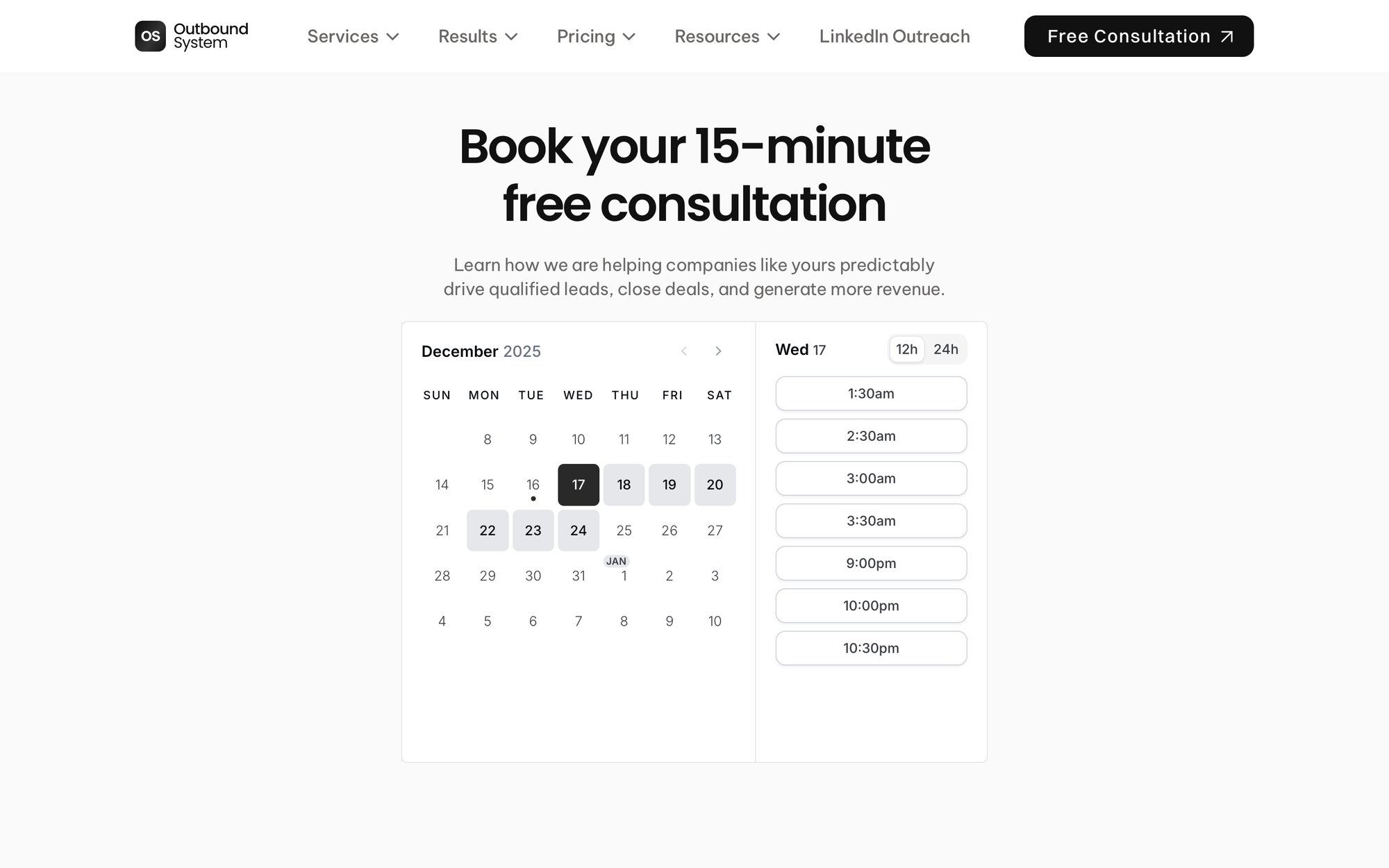 A calendar booking interface displaying December 2025 dates and available 15-minute consultation time slots.