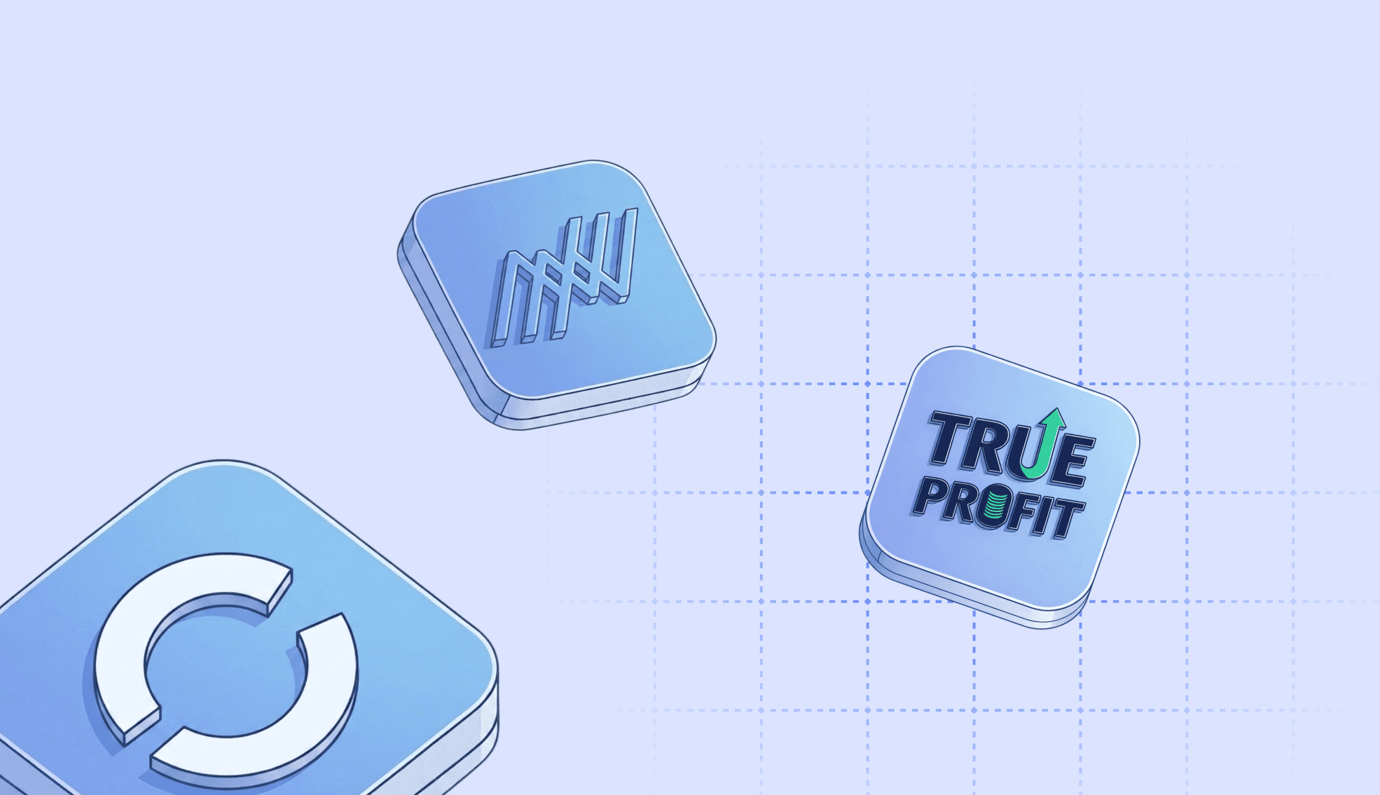 Isometric illustration comparing Shopify profit analytics tools: the Cifra logo, Northbeam, and TrueProfit, shown as 3D blocks on a light blue grid background.