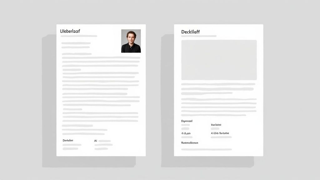 Zwei weiße Dokumente auf hellem Hintergrund, darunter ein Lebenslauf mit Foto und Text.
