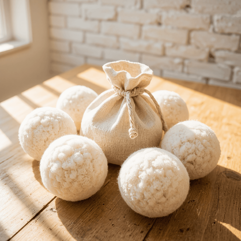 product photography of a bag of wool dryer balls used for laundry