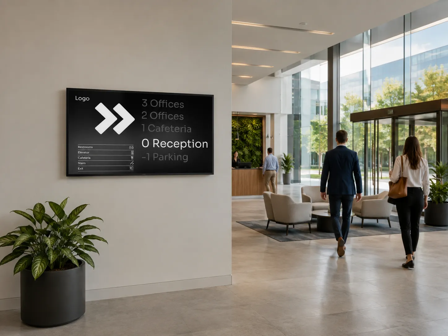 Digital wayfinding information display in a modern office lobby, helping employees and visitors quickly navigate to offices, reception and facilities.