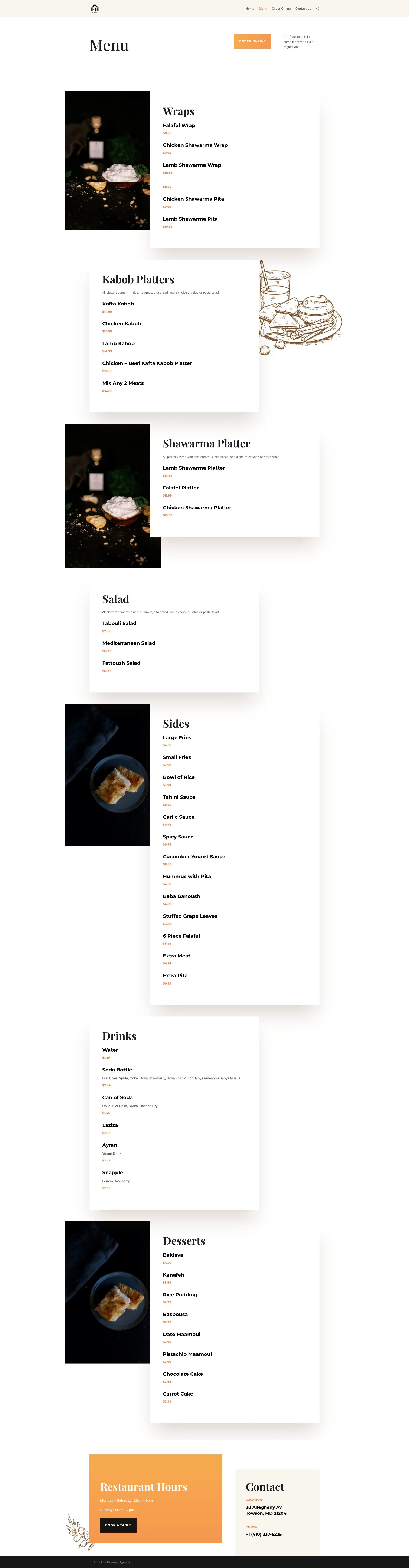 menu page for thefhcafe website developed & designed by Dreams Agency Mississauga, Ontario
