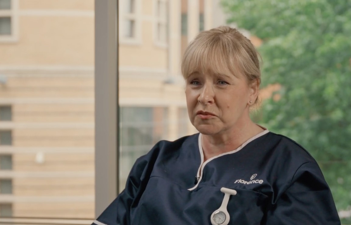 Florence caregiver talking to a camera about their experience