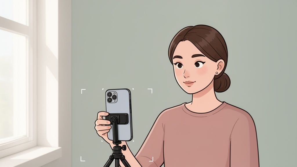 Eine junge Frau hält ein Smartphone auf einem Stativ und schaut lächelnd in die Kamera.