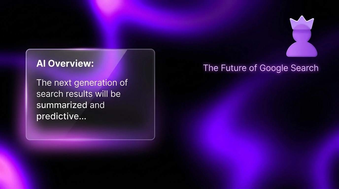 A sleek, futuristic digital interface on a deep black background, showcasing a glowing AI Overview panel with electric violet and magenta accents, representing the modern search landscape.