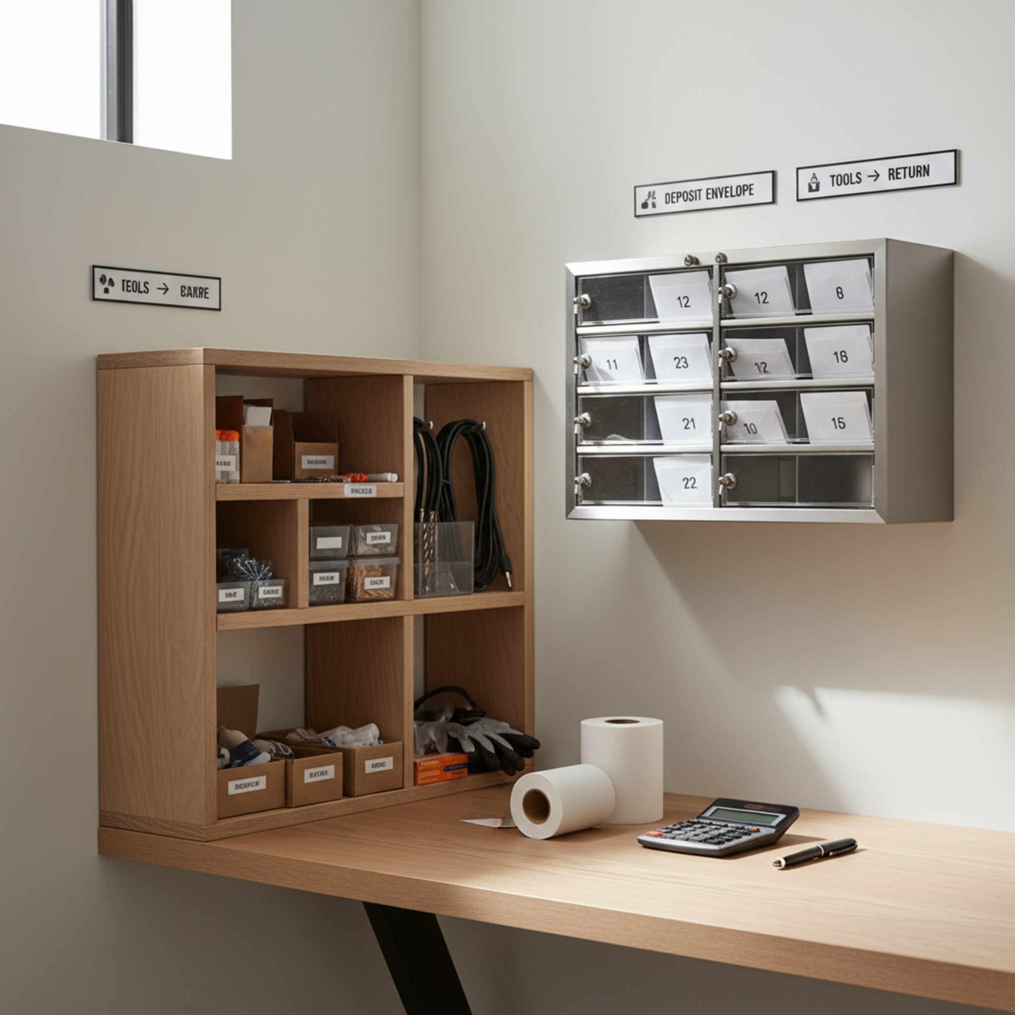 Ein kleiner Abrechnungsbereich zeigt nummerierte Pfandumschläge in einem abschließbaren Fach, eine Quittungsrolle liegt griffbereit. Ein Regal trennt ordentlich Material von Zubehör. Weiches Licht fällt auf eine glatte Arbeitsplatte, die Oberfläche ist frei. Alles wirkt nachvollziehbar, sauber dokumentiert und bereit für den nächsten Geschäftsabschluss.