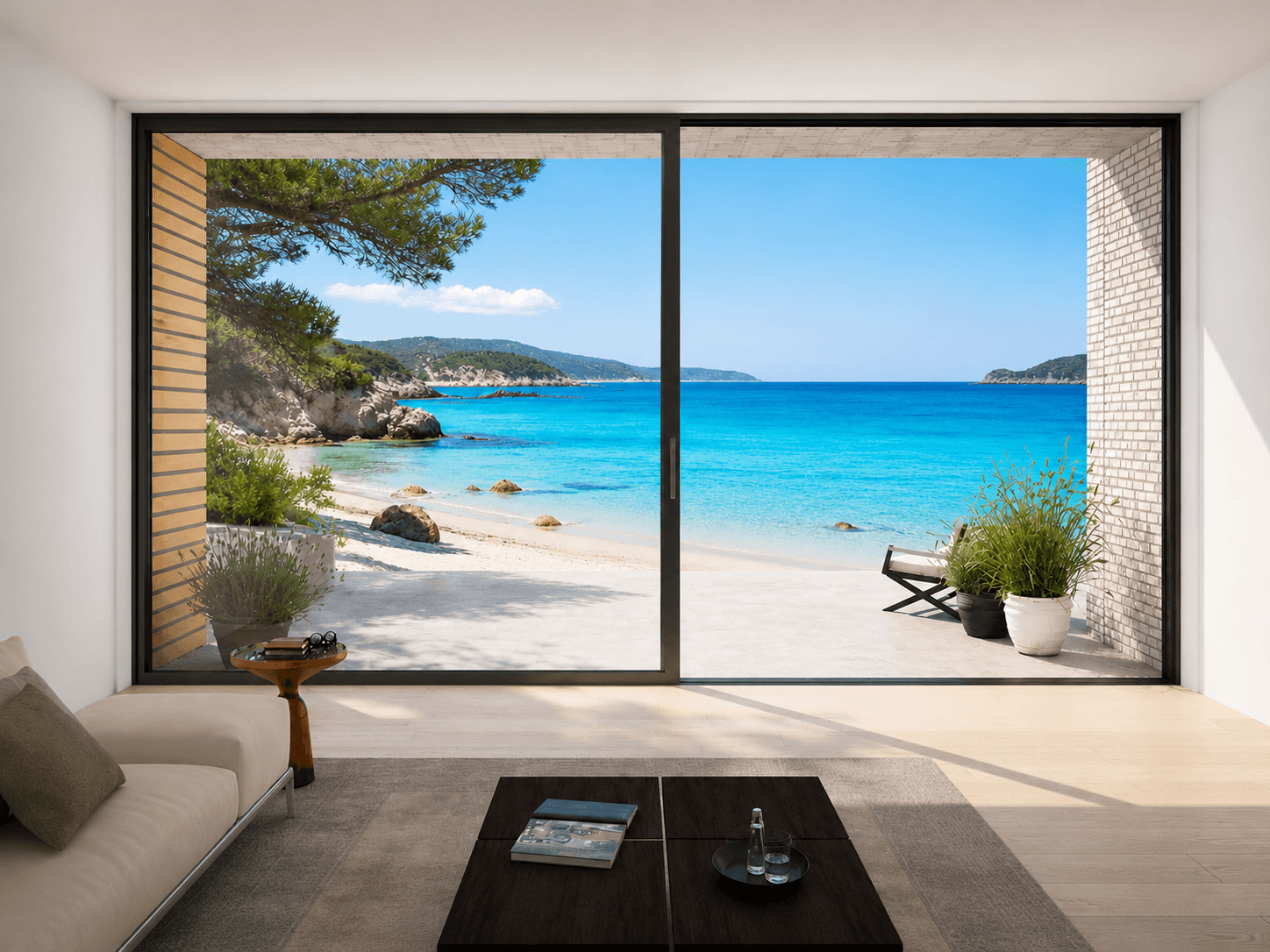 Scorrevole minimale in alluminio Schüco con vista mare in Sardegna