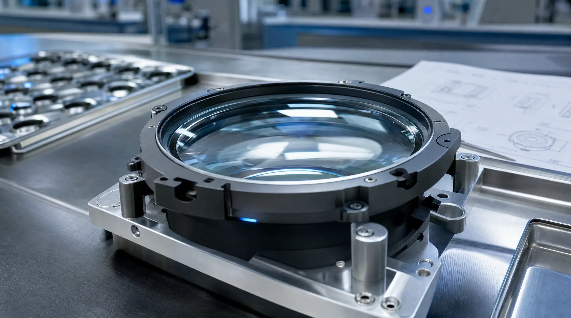 Close-up of a precision circular robotic component mounted on a stainless work platform in a clean industrial lab, reflecting lights across the glass-like housing, shaped for robotics branding.
