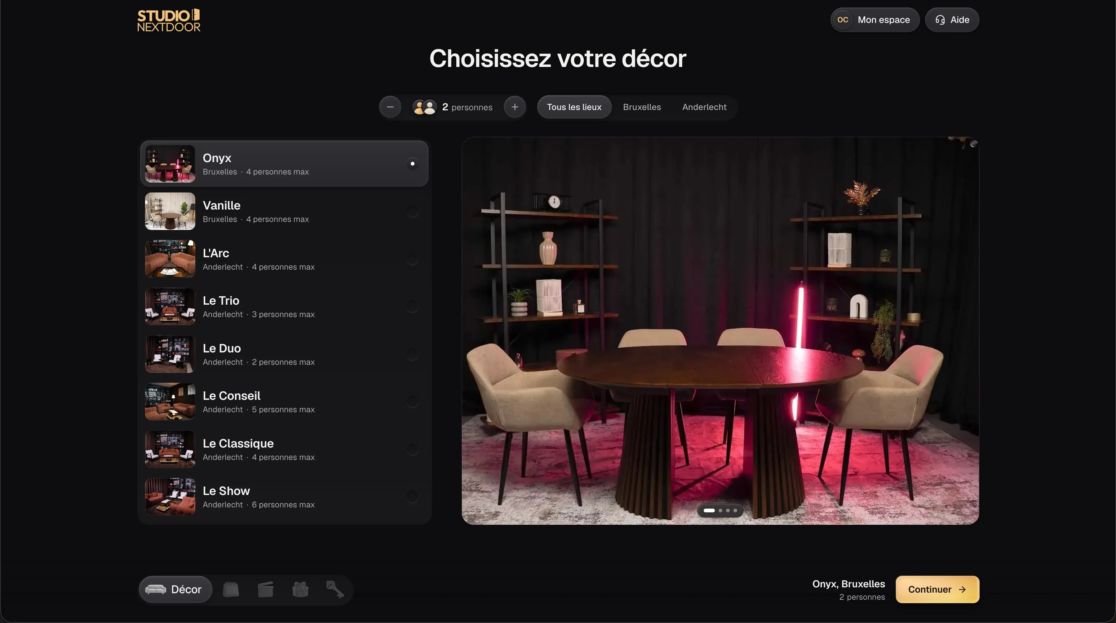 Choix du décor sur la plateforme de réservation Podmax