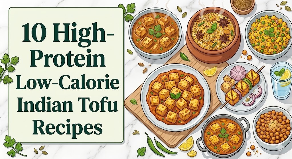 Top-down illustration on white marble featuring multiple bowls of Indian tofu dishes like Palak Tofu Curry, tofu skewers, Tofu Biryani in a clay pot, and chickpeas, next to a text box titled "10 High-Protein Low-Calorie Indian Tofu Recipes."
