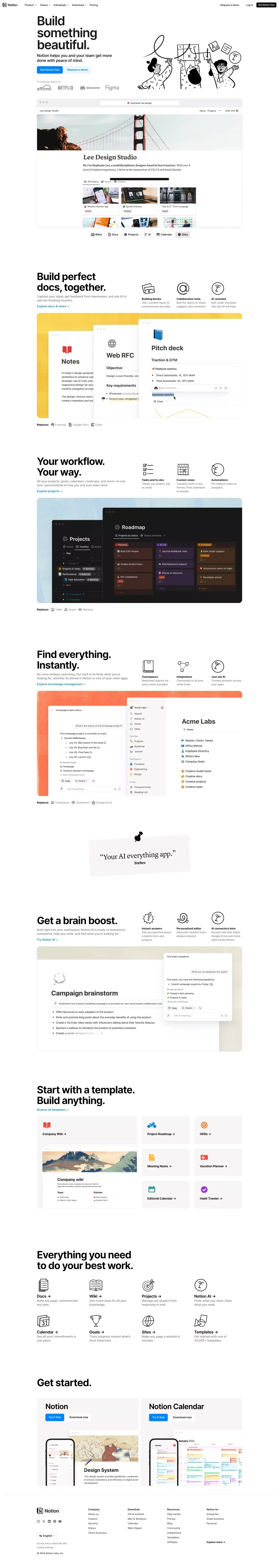 Your connected workspace for wiki, docs landing page screenshot showcasing Tech design