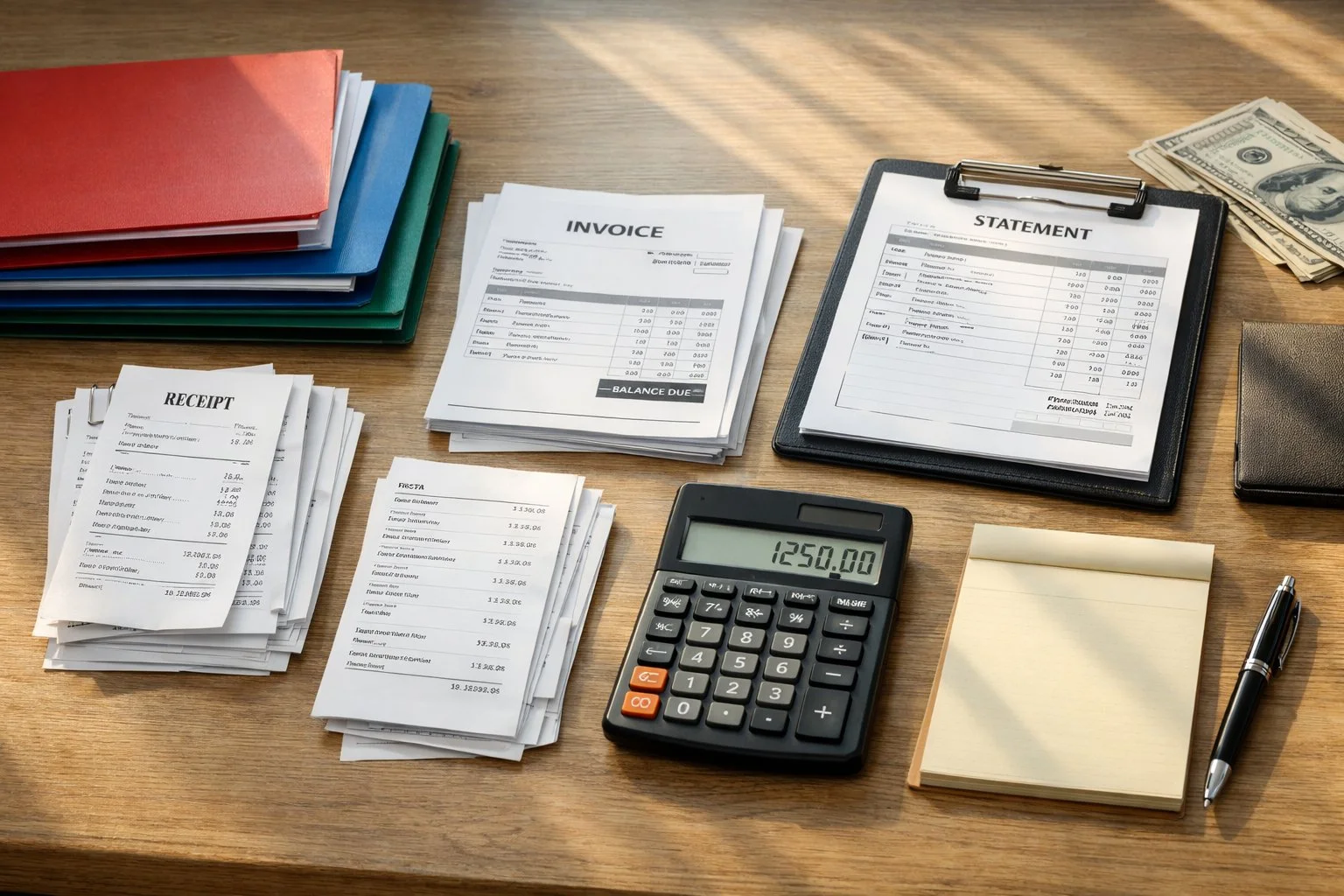 Neatly organized desk with color-coded receipts, invoices, folders, a calculator, and a pen, softly lit to suggest financial planning and savings.