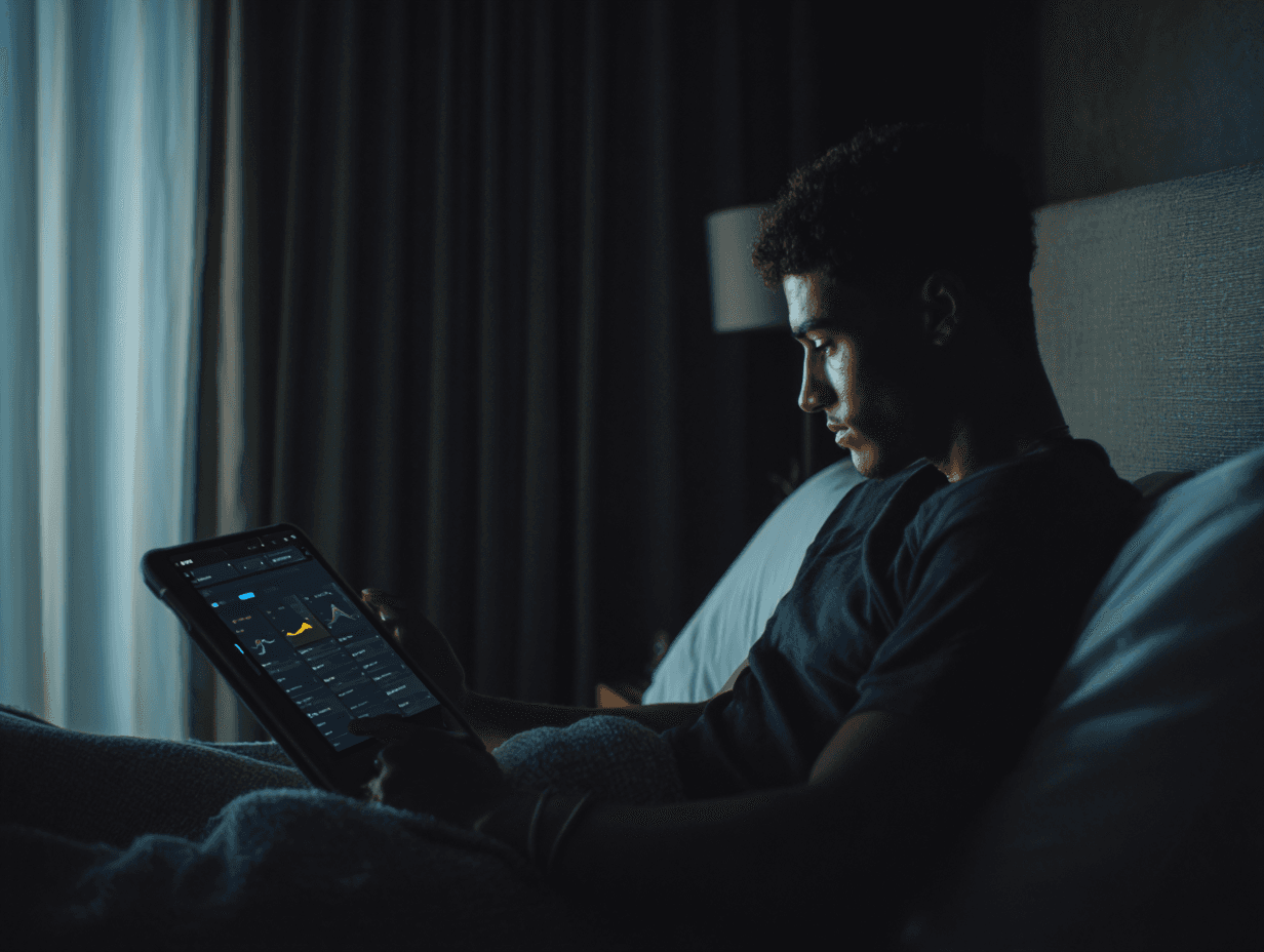 man looking at the tablet in a relaxed setting