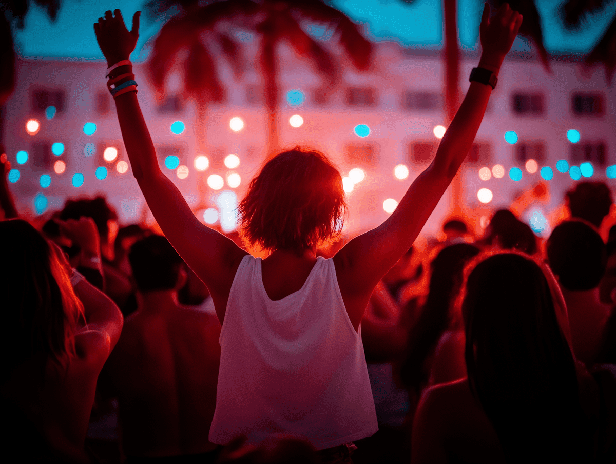 A crowd at a lively event with a person raising their arms, illuminated by vibrant red and blue lights.