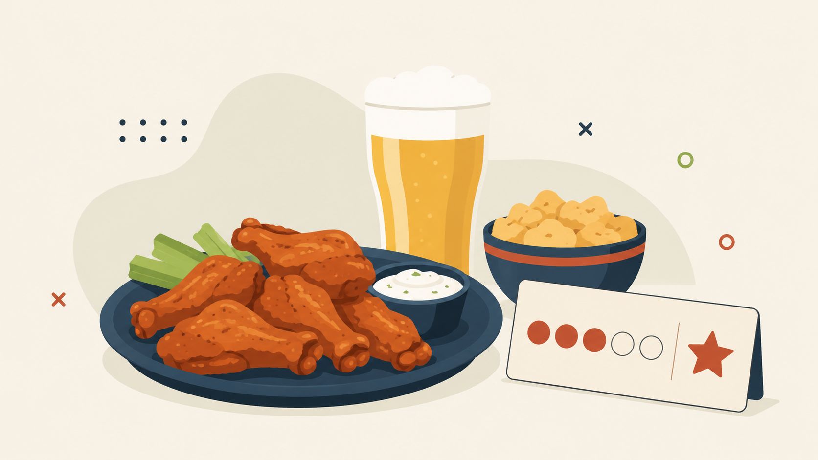 Una ilustración de alitas de pollo, una cerveza y aperitivos, ideal para promociones de días de partido.